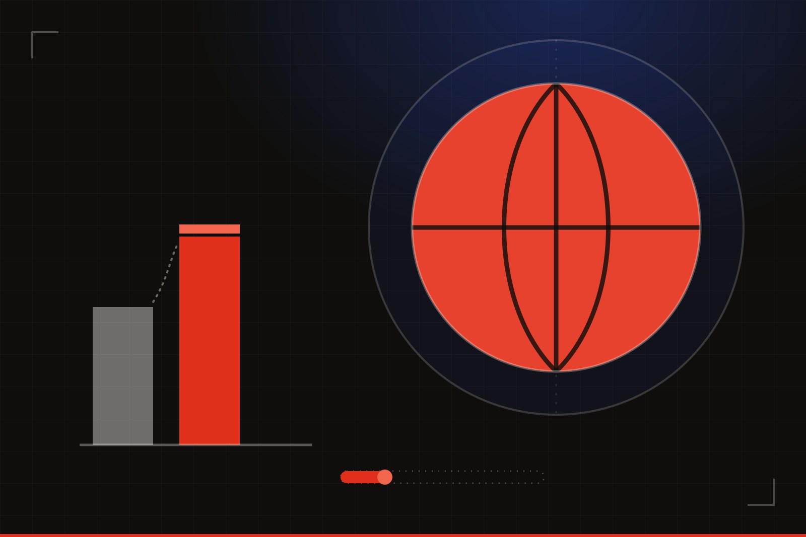 Illustrated cover art: a basketball inside an orbiting court ring, beside two ascending bar charts with the taller bar in red and a short, one-segment progress track