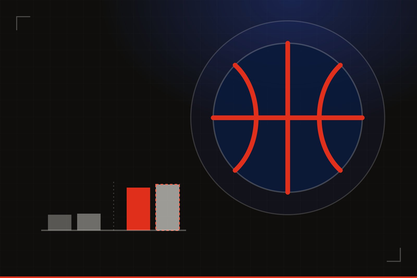 Illustrated cover art: a basketball with red seams inside a ring, beside two short bars and then two much taller bars, the last one outlined with a dashed edge
