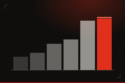 Illustration: six bars climbing left to right on a dark gridded background, the tallest on the right in red