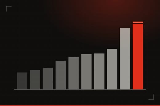 Illustration: ten bars climbing left to right on a dark gridded background, the tallest on the right in red