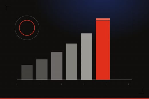 Illustration: six ascending bar-chart columns in cream and red beside a stadium ownership ring, on a dark gridded background with football yard-line ticks