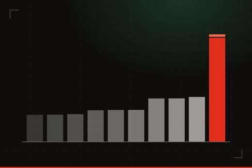 Illustration: ten bars climbing left to right on a dark gridded background with a green glow, the tallest on the right in red