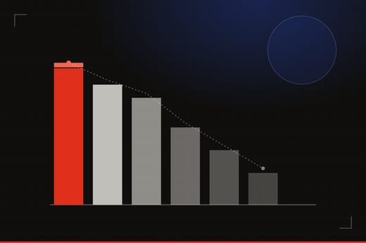 Illustration: six descending bar-chart columns tracing a ranked leaderboard, the tallest bar in red, beside a faint court-ring motif, on a dark gridded background
