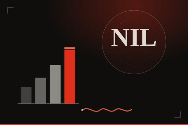 Illustration: a rising bar chart beside a red NIL varsity badge and a signed contract line