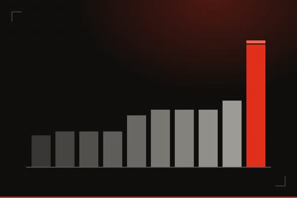 Illustration: ten bars rising left to right on a dark gridded background, the tallest on the right in red