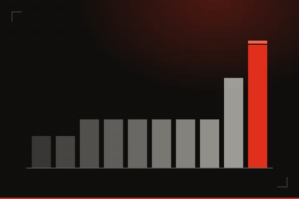 Illustration: ten bars climbing left to right on a dark gridded background, the tallest on the right in red
