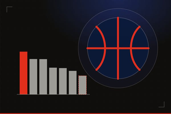 Illustrated cover art: a basketball with red seams beside seven vertical bars of descending height, the tallest in red and the shortest outlined with a dashed edge