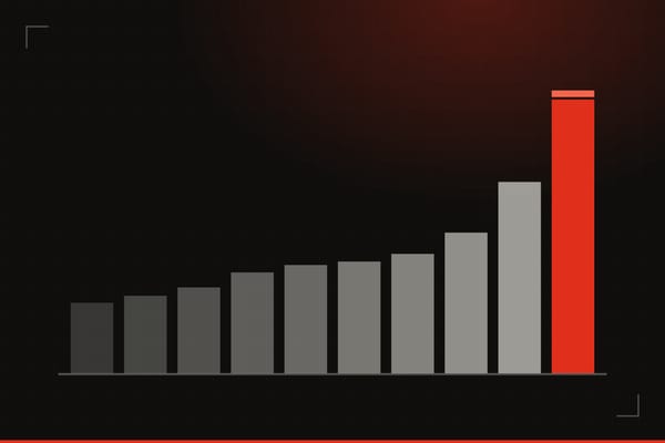 Illustration: ten bars climbing left to right on a dark gridded background, the tallest on the right in red