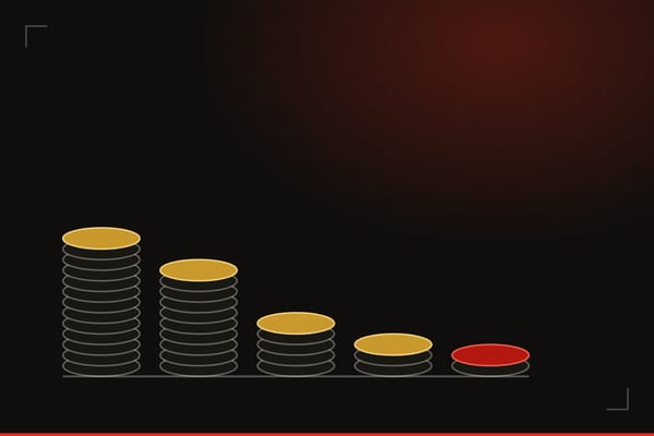 Illustration: five stacks of gold coins in steeply descending height, the shortest stack highlighted in red, depicting the widening gap between countries' Olympic medal bonuses