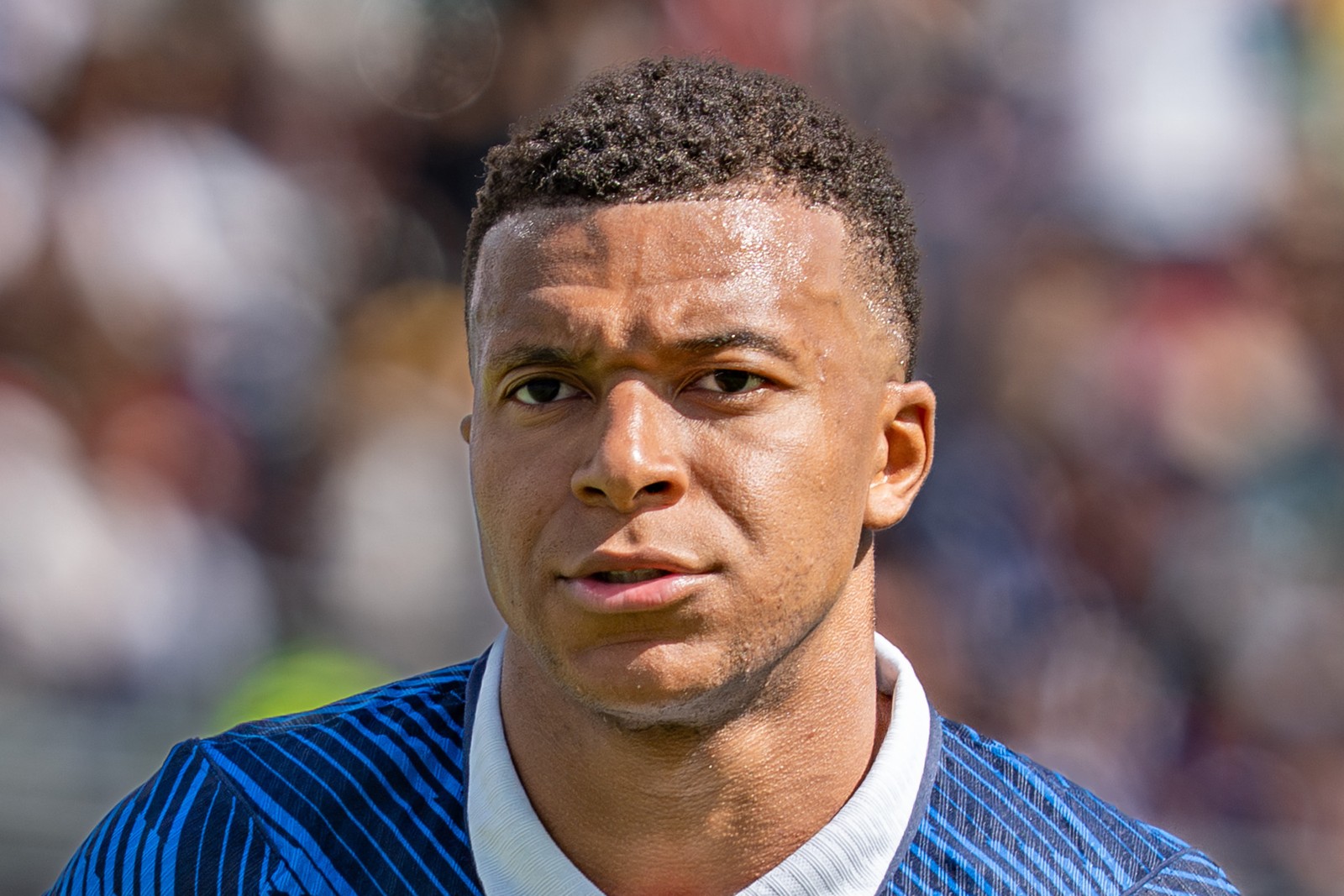 Close-up of Kylian Mbappé wearing a France national team jersey during the France v Senegal match at the 2026 FIFA World Cup